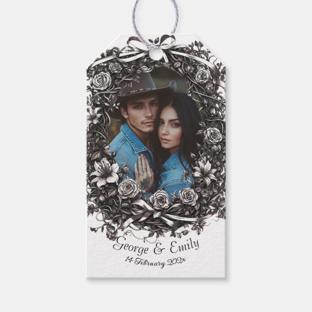 Rustikale Blumenhochzeit, Sepia. Geschenkanhänger (Vorderseite)