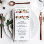 Rustikale Blumenkarte Menükarte<br><div class="desc">Das schicke Hochzeitsmenü im Herbst bietet Vorspeisen, Vorspeisen und Desserts in elegantem Schriftsatz. Ihre Namen und Ihr Hochzeitsdatum sind von Aquarellfarben-Rose und -Mummen umgeben, die in Marsala-, Bordeaux-, Rosa- und Elfenbeinfarben in dunkelgrünen Blätter und Blattwerk gehalten sind. Koordiniert mit unserer Hochzeitskollektion Rustic Bloom für Herbst- und Winterhochzeiten. Verwenden Sie die...</div>