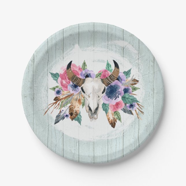 Rustikale Blumenkuh Skull Wassercolor Boho Hochzei Pappteller (Vorderseite)