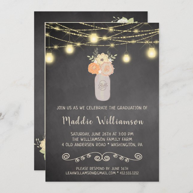 Rustikale Blumenmason Jar Lights Graduierungsparty Einladung (Vorne/Hinten)