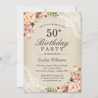 Rustikale Blumenpartei Ivory Burlap Lace Birthday  Einladung