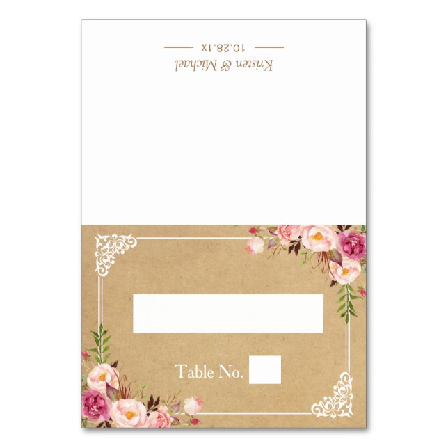 Rustikale Blumenrahmen-Kraft-Hochzeitsplatz Tischnummer (Vorderseite)