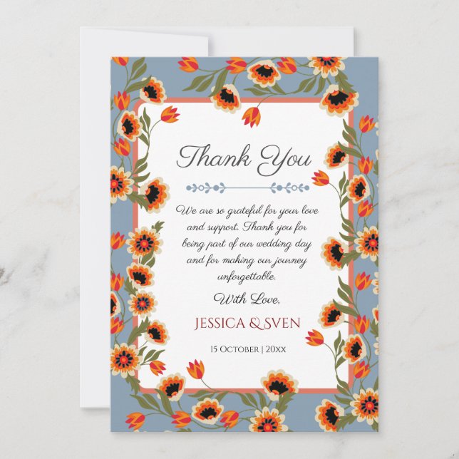 Rustikale, blumenskandinavische Volkshochzeit Insp Dankeskarte (Vorderseite)