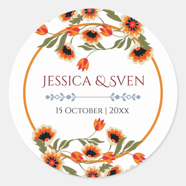 Rustikale, blumenskandinavische Volkshochzeit Insp Runder Aufkleber (Vorderseite)