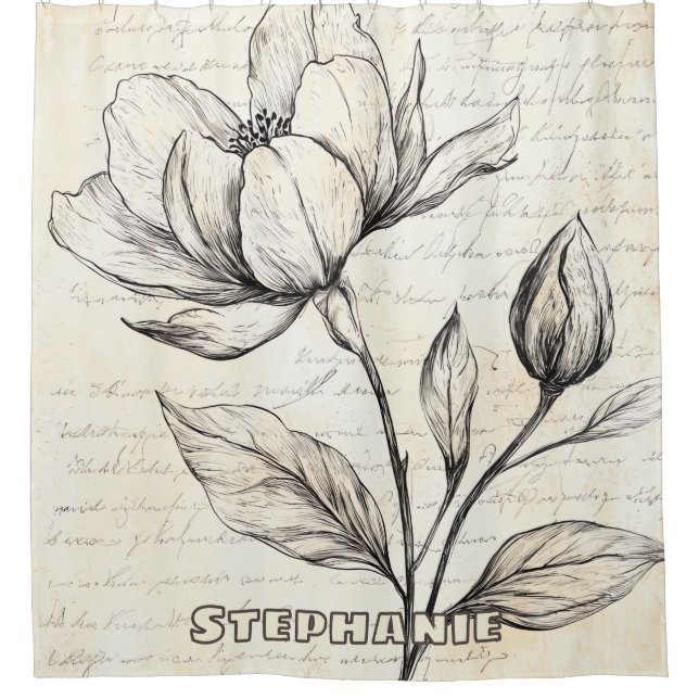 Rustikale Blumenskizze mit Kalligrafie - Alter (4) Duschvorhang (Vorderseite)
