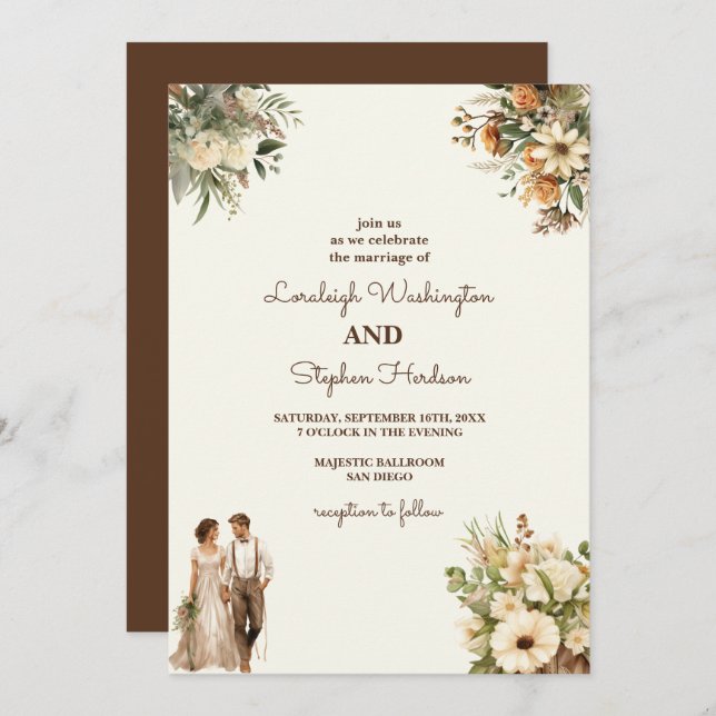 Rustikale Blumenzehen mit moderner Eleganz Einladung (Vorne/Hinten)