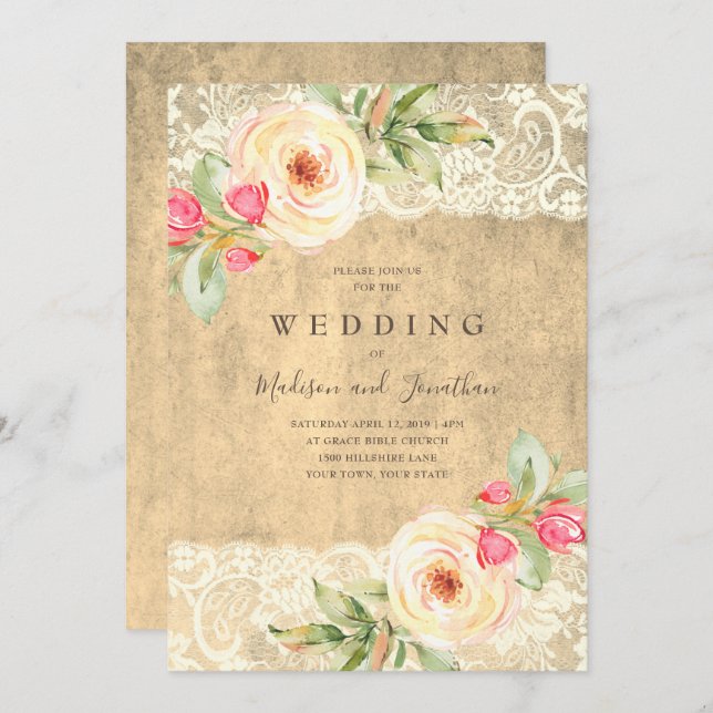 Rustikale Blumenzitze Vintage Hochzeit Einladung (Vorne/Hinten)