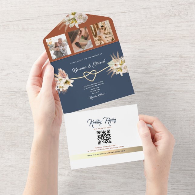 Rustikale Blumenzwiese Terracotta Navy Blue Weddin All In One Einladung (Abreißen)