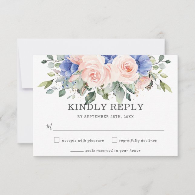 Rustikale Blush Blues Rose Anemones Wedding RSVP Karte (Vorderseite)