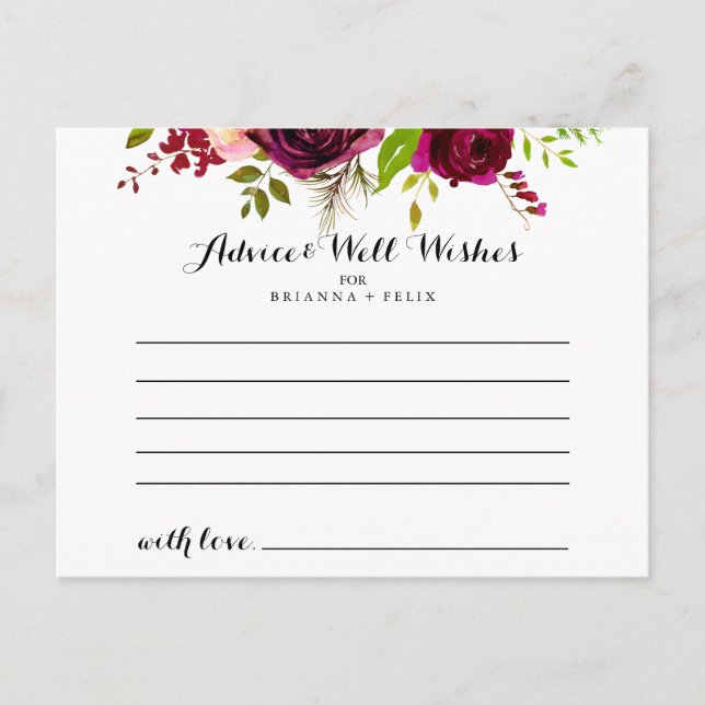 Rustikale Blush Burgund Bloral Wedding Advice Card Postkarte (Vorderseite)