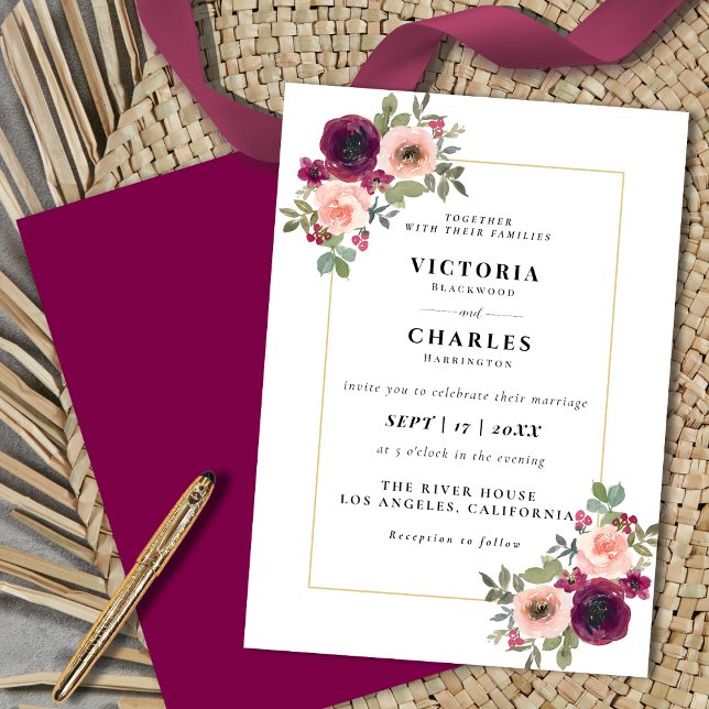 Rustikale Blush & Burgunder Hochzeit mit floralen  Einladung (Rustic Blush & Burgundy Watercolor Floral Wedding Invitation)