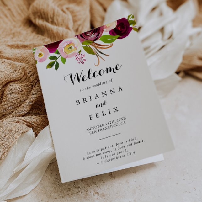 Rustikale Blush Burgundy Floral Folgeköpft Hochzei Programm (Von Creator hochgeladen)