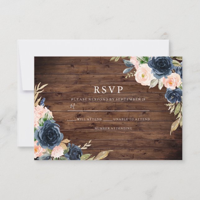 Rustikale Blush & Navy Elegante Frühjahrssonne RSVP Karte (Vorderseite)