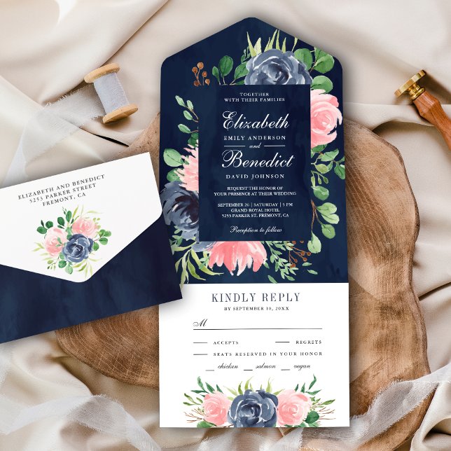Rustikale Blush Pink Blues Navy Blue Wedding All In One Einladung (Von Creator hochgeladen)