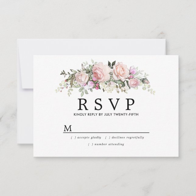 Rustikale Blush Pink Floral Quinceanera RSVP Karte (Vorderseite)