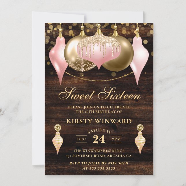 Rustikale Blush Pink & Gold Baubles 16 . Geburtsta Einladung (Vorderseite)