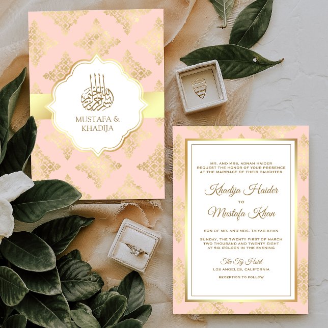 Rustikale Blush Pink Gold Damask muslimische Hochz Einladung (Von Creator hochgeladen)
