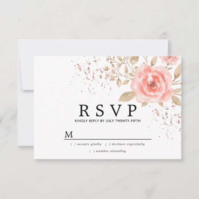 Rustikale Blush Pink Gold Floral Wedding RSVP (Vorderseite)