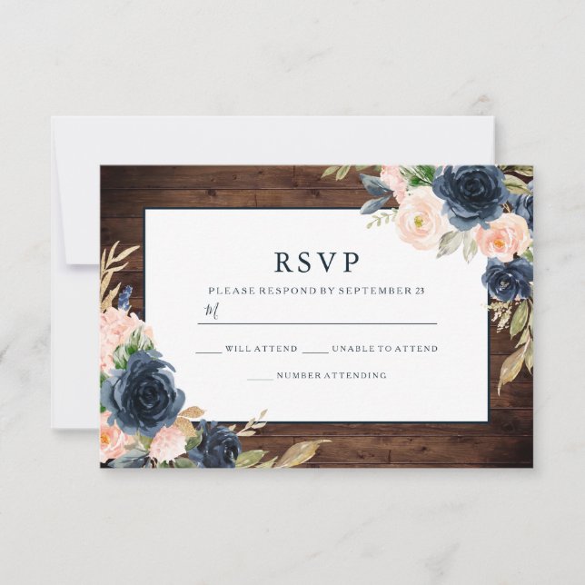 Rustikale Blush Pink & Navy Elegante Frühjahrssonn RSVP Karte (Vorderseite)