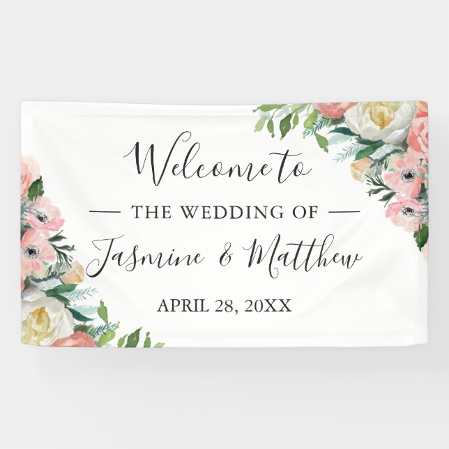 Rustikale Blush Pink Watercolor Floral Wedding Par Banner (Horizontal)