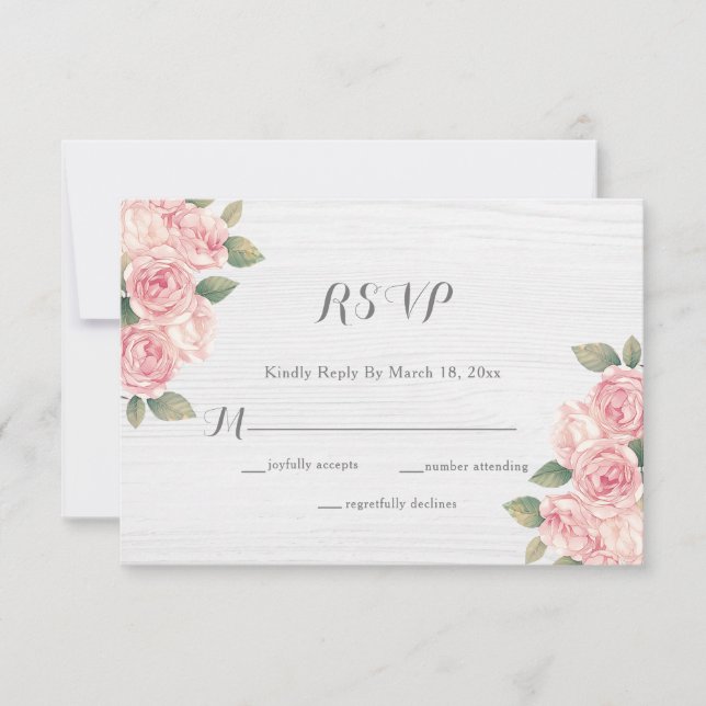 Rustikale Blush-Rose Weißholz Hochzeit RSVP Karte (Vorderseite)