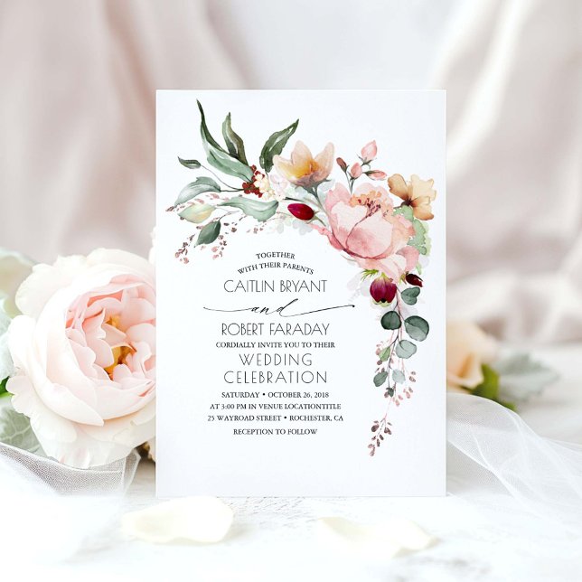 Rustikale Blüten und Imitate Rose Goldene Foil Hoc Einladung (Watercolor Flowers Rose Gold Foliage Wedding Invitation)