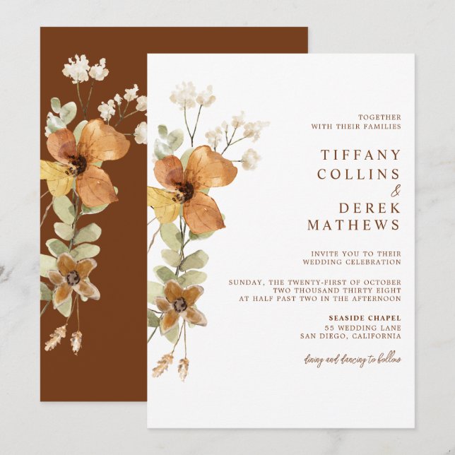 Rustikale Blütenbrurnt Orange-Hochzeit im Herbst Einladung (Vorne/Hinten)