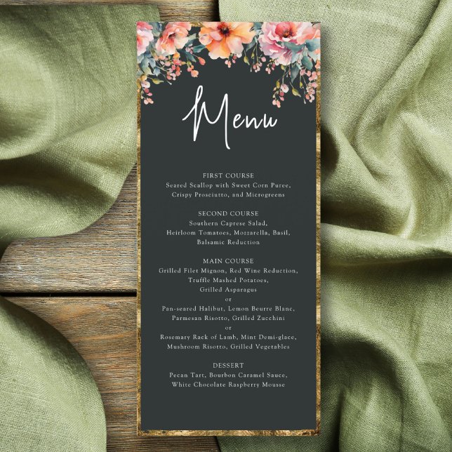 Rustikale Blütengoldrahmen mit grüner Hochzeit Menükarte (Rustic Floral Gold Frame Sage Green Wedding Menu)