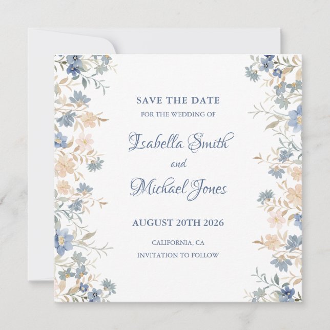Rustikale Blütenhochzeit Boho Blue und Beige Save The Date (Vorderseite)