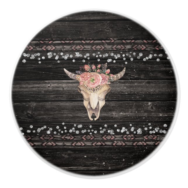 Rustikale Blütenkuh Skull Boho Chic Glam Silver Wo Keramikknauf (Vorderseite)
