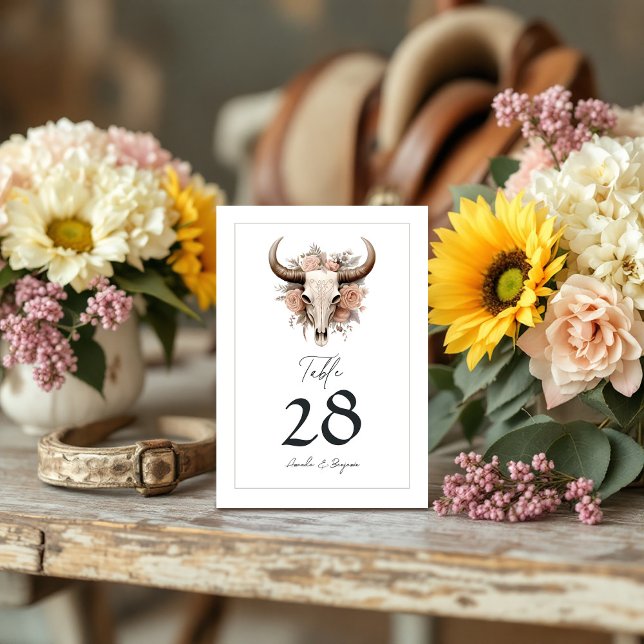 Rustikale Blütenkuh Tischnummer (Rustic Floral Cow Skull Wedding Table Number)