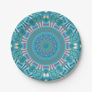 Rustikale bohemianische geometrische Mandala Blau Pappteller