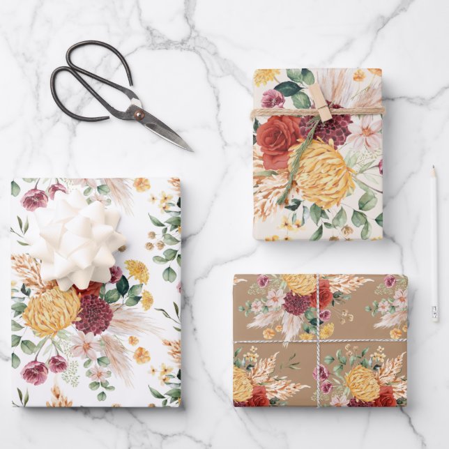 Rustikale Bohemische Blume Pampas Gras Grüne Geschenkpapier Set (Vorderseite)