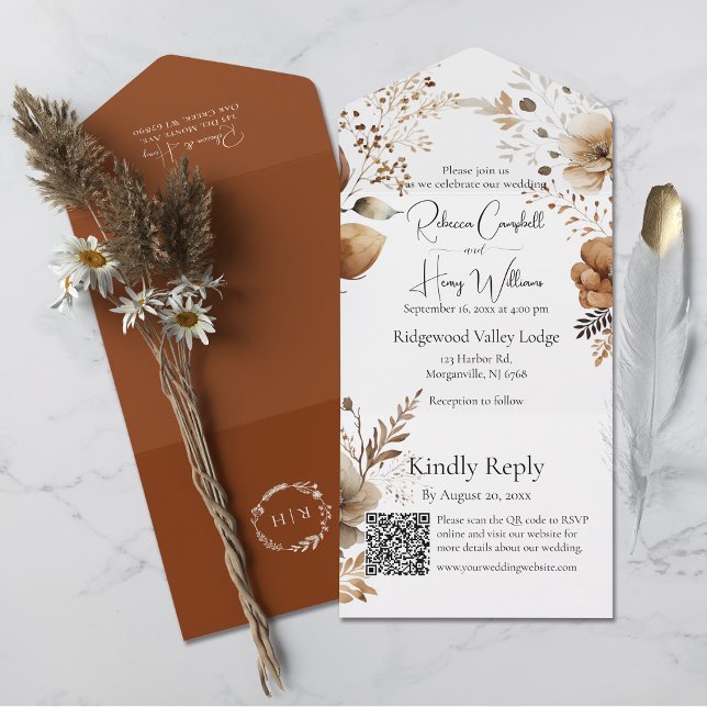 Rustikale Bohemische Herbst/Herbst QR-Hochzeit All In One Einladung (Save time with this all-in-one wedding invitation, which includes a QR code for easy  online RSVP.)