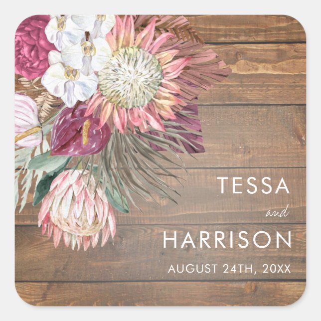 Rustikale Bohemische Hochzeitsszenarien Quadratischer Aufkleber (Vorderseite)