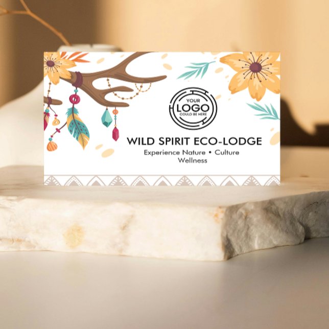 Rustikale Boho Antlers, Feathers Beads Floral Trib Visitenkarte (featuring rustic boho artwork with antlers, feathers, beads, and floral accents. warm earth colors)