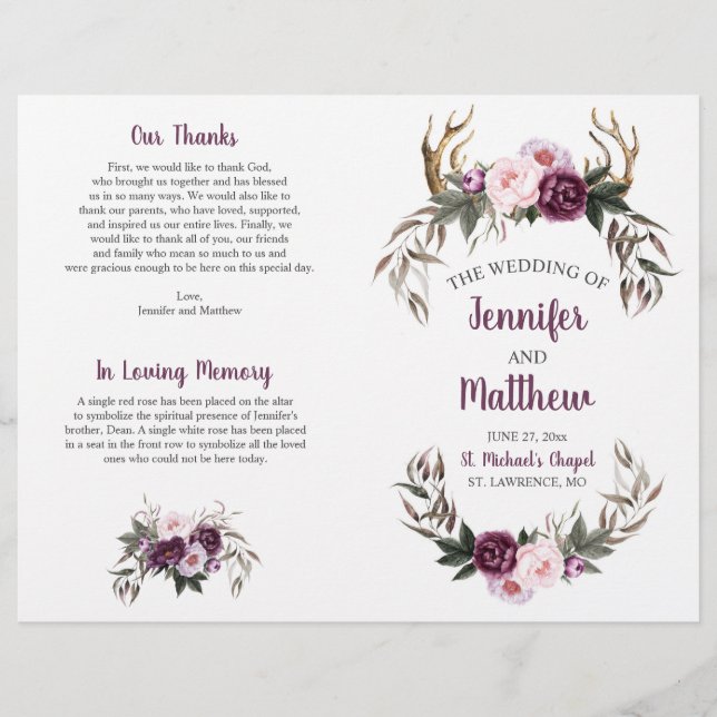 Rustikale Boho Antlers Lila Pflaumenrosa Peonies (Vorderseite)