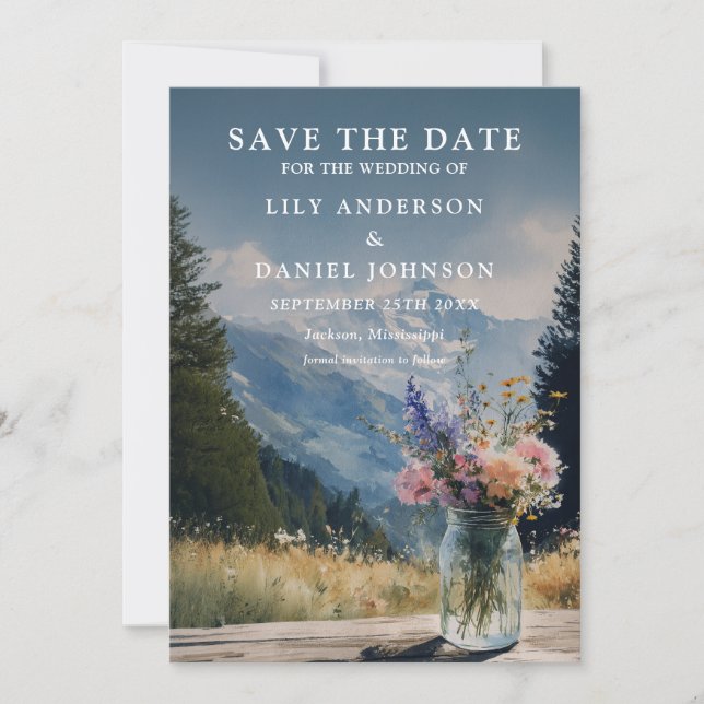 Rustikale Boho-Berg-Blumen-Hochzeit im Mason-Style Save The Date (Vorderseite)