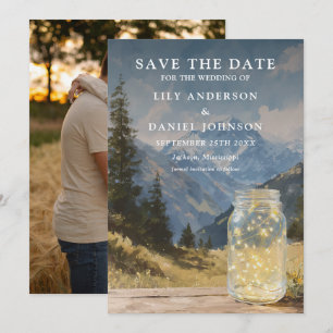 Rustikale Boho-Berg-Mason-Jar-Foto-Hochzeit Save The Date
