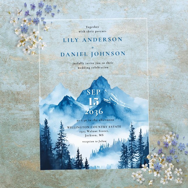 Rustikale Boho Blue Watercolor Mountain Wedding Acryleinladungen (Rustic Boho Watercolor Mountain Wedding Acrylic Invitations)