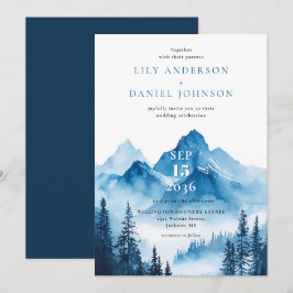 Rustikale Boho Blue Watercolor Mountain Wedding Einladung