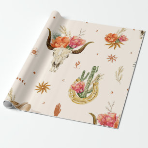 Rustikale Boho-Blumen-Kuhschädel und Western Geschenkpapier