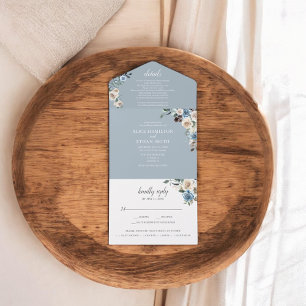Rustikale Boho-Blumen Schrift Winter Staubblau All In One Einladung