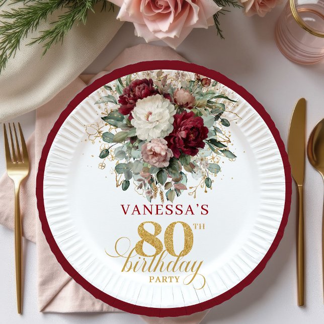 Rustikale Boho-Burgunder-Blumenpapier zum 80. Gebu Pappteller (Rustic Boho Burgundy Floral 80th Birthday Paper Plates)