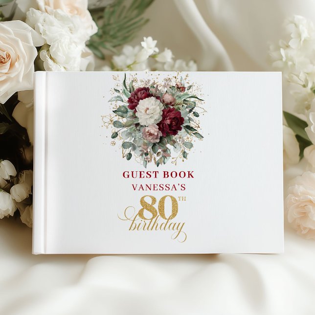 Rustikale Boho-Burgunderrote Gästebuch zum 80. Geb (Rustic Boho Burgundy 80th Birthday Guest Book)
