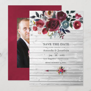 Rustikale Boho-Chic-Burgunder- und Marineblaue Blu Save The Date