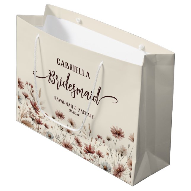 Rustikale Boho-Chic-Wildblumen Brautjungfer Hochze Große Geschenktüte (Vorderseite Schrägansicht)