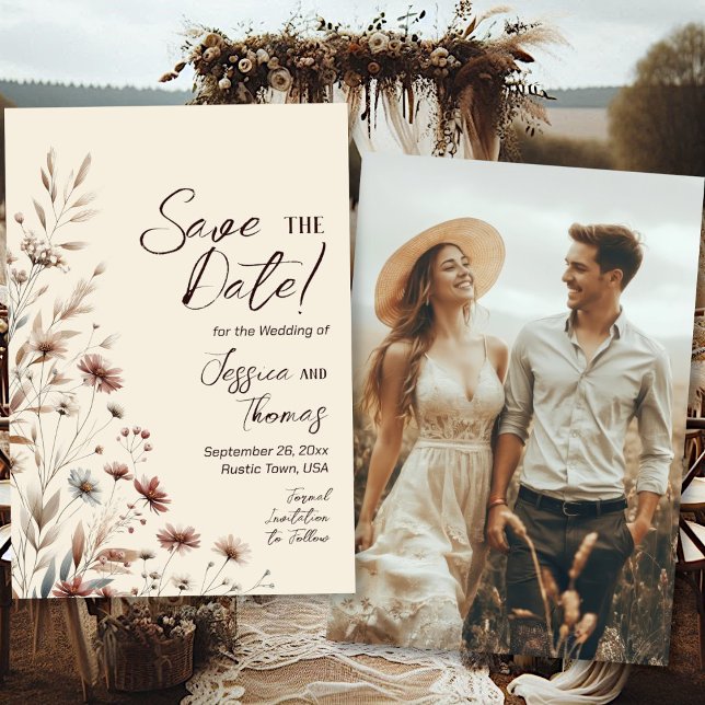 Rustikale Boho Chic Wildblumen Foto Back Wedding Save The Date (Front/Back)