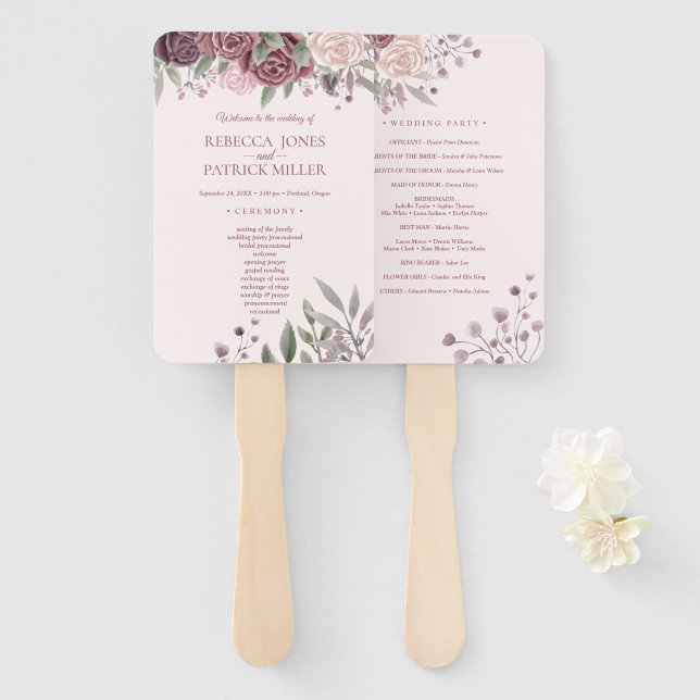Rustikale Boho Dusty Rose Rosa Blume Hochzeit Hand Fächer (Vorne und Hinten)