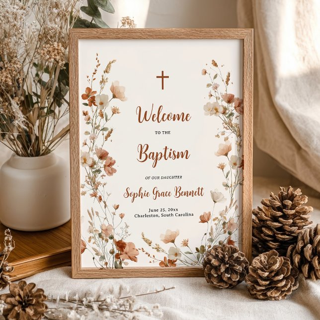 Rustikale Boho Dusty Rose Wildblume Taufe Willkomm Poster (Rustic Boho Dusty Rose Wildflower Baptism Welcome Poster)